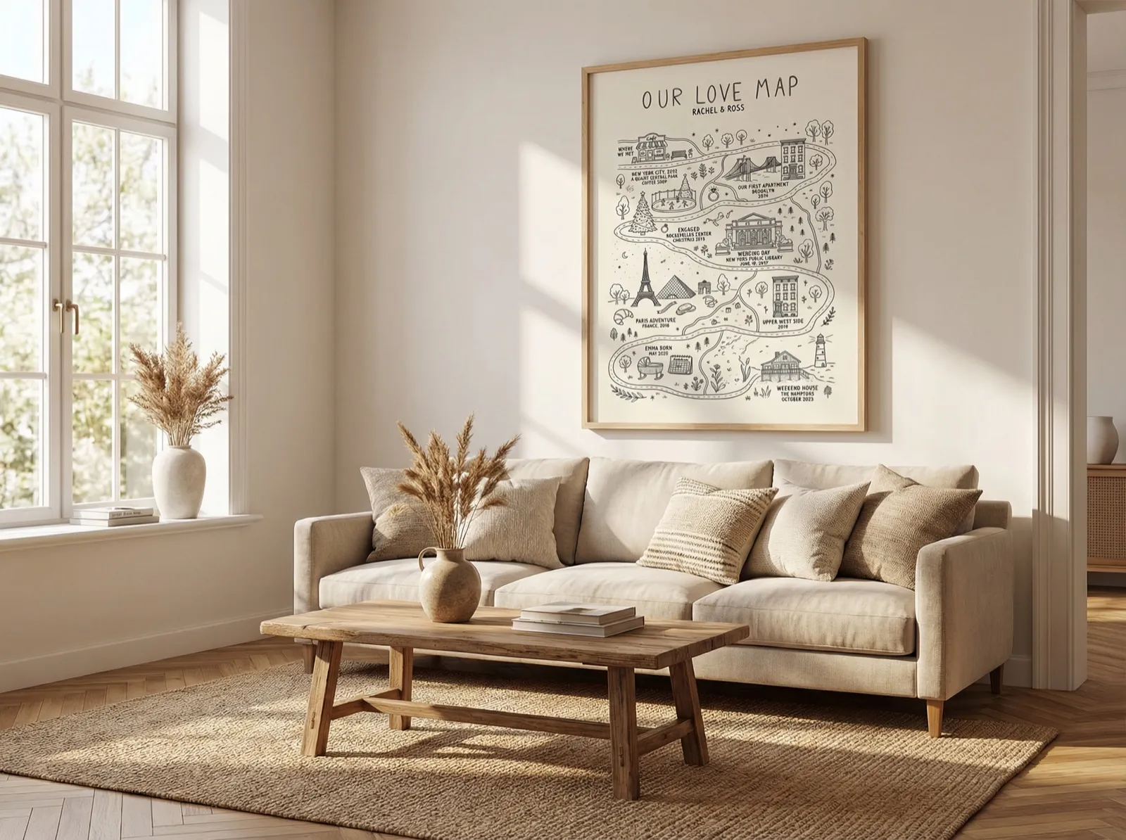A spacious living room with a large wooden-framed custom love map above a beige sofa. The personalised artwork shows a relationship timeline with illustrations of city landmarks including the Eiffel Tower and a New York apartment.