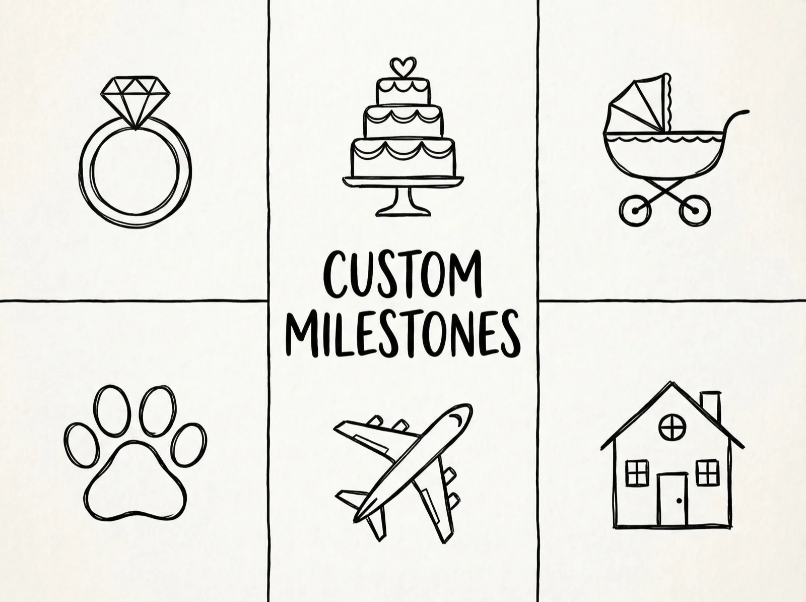 Ink-line style black and white icon set of relationship milestones: a diamond ring, a tiered wedding cake, a pram, a paw print, an aeroplane and a house.
