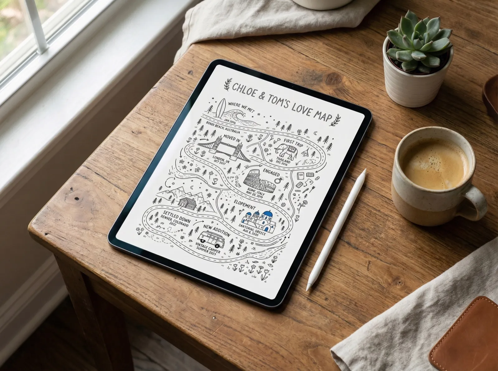 An iPad on a wooden desk showing the high-resolution digital file of a custom love map with milestones in Bondi Beach, London, Rome and Santorini.