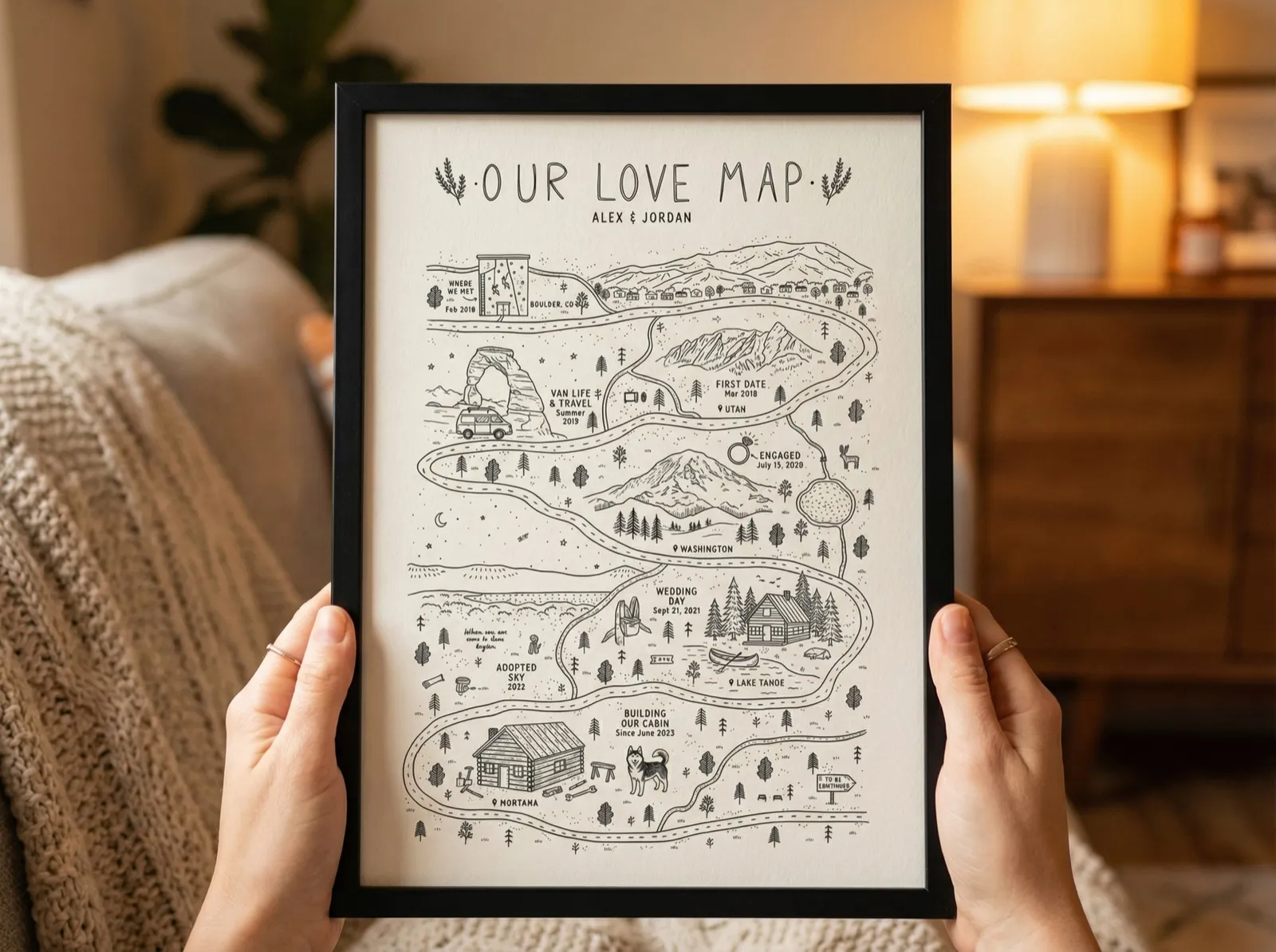 Two hands holding a black-framed custom love map titled Our Love Map for Alex and Jordan. The black and white illustration shows a winding road through mountains, cabins and pine trees, labelled with milestones including where they met, their first date and their engagement.