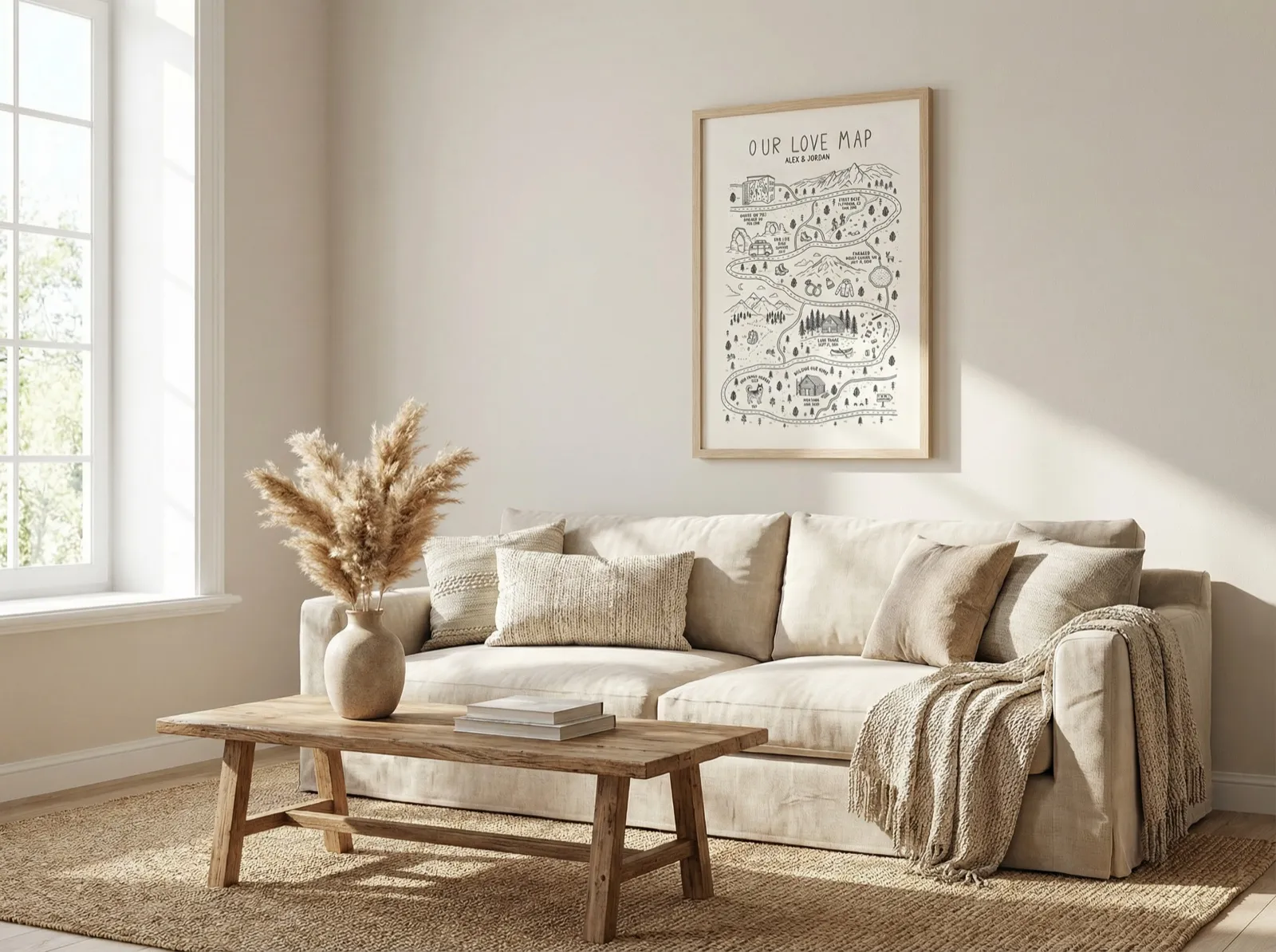 A custom love map in a natural wood frame hanging above a beige sofa, with dried pampas grass in a ceramic vase on a reclaimed wood coffee table.
