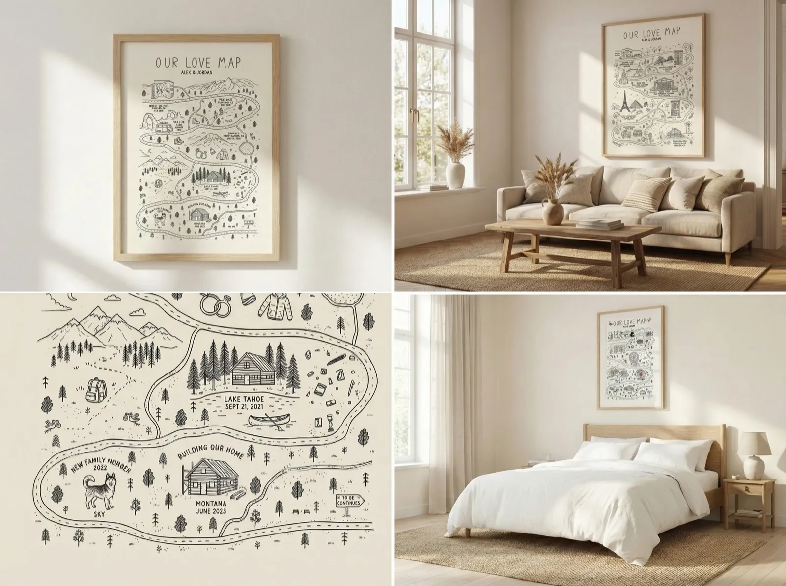 Four images of the same custom love map: framed in oak on a plain wall, hanging in a sunlit living room, a close-up of the Lake Tahoe and Montana section, and framed above a bed in a bright bedroom.